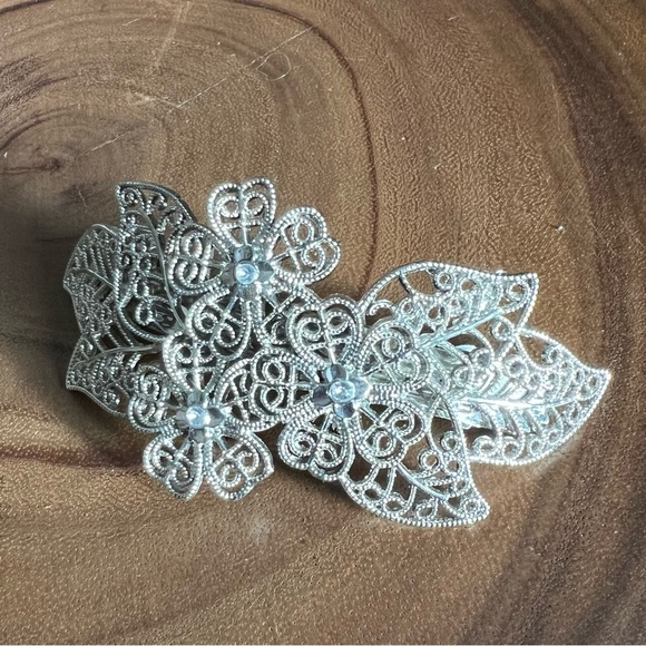 Silver Tone Floral Rhinestone Hair Clip Barrette - Picture 2 of 7